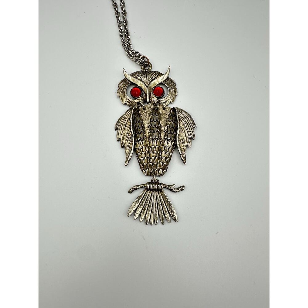 Vintage 1970s Large Owl Pendant Necklace Silver Tone Red Eyes Articulated Boho